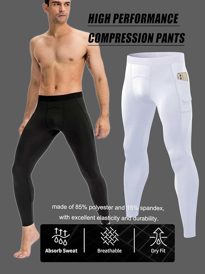 Men Compression Pants Leggings Dry Cool Sports (White)