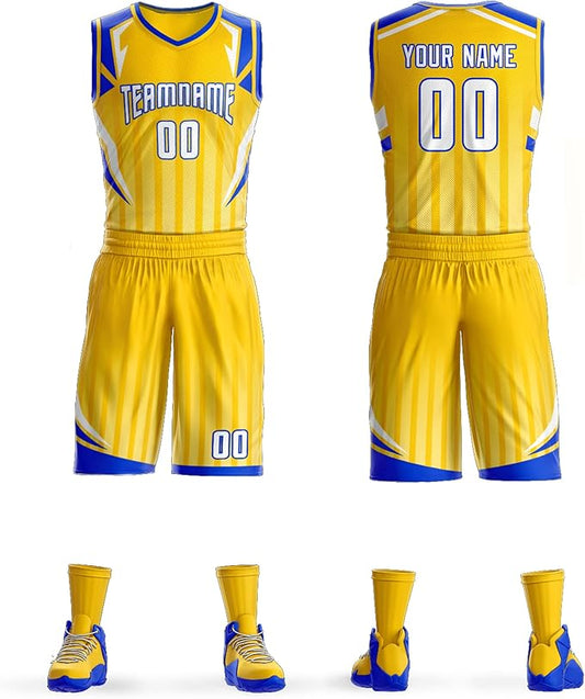 Custom Yelow Royal Blue and White Basketball Uniform - Personalized Team Gear