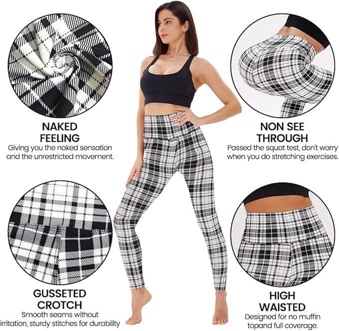 High Waisted Leggings for Women Black White Plaid