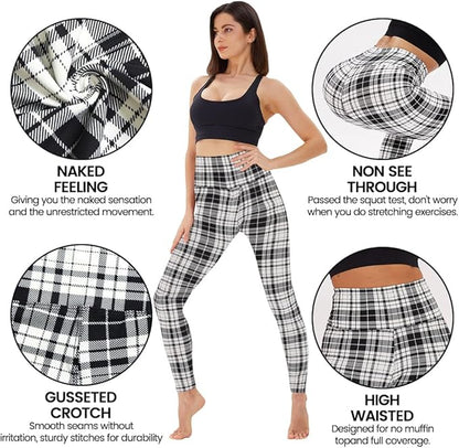 High Waisted Leggings for Women Black White Plaid