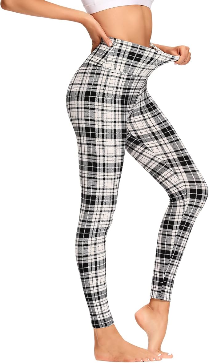 High Waisted Leggings for Women Black White Plaid