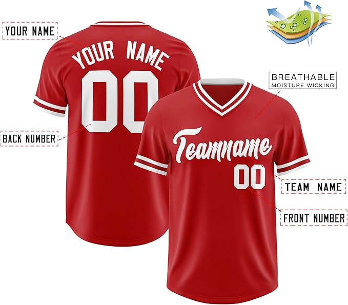 Custom Baseball V-Neck Top Jersey Red/White