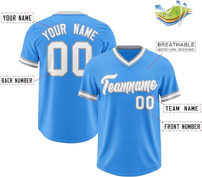 Custom Baseball V-Neck Top Jersey Powder Blue/White