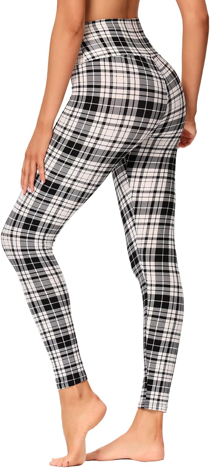 High Waisted Leggings for Women Black White Plaid