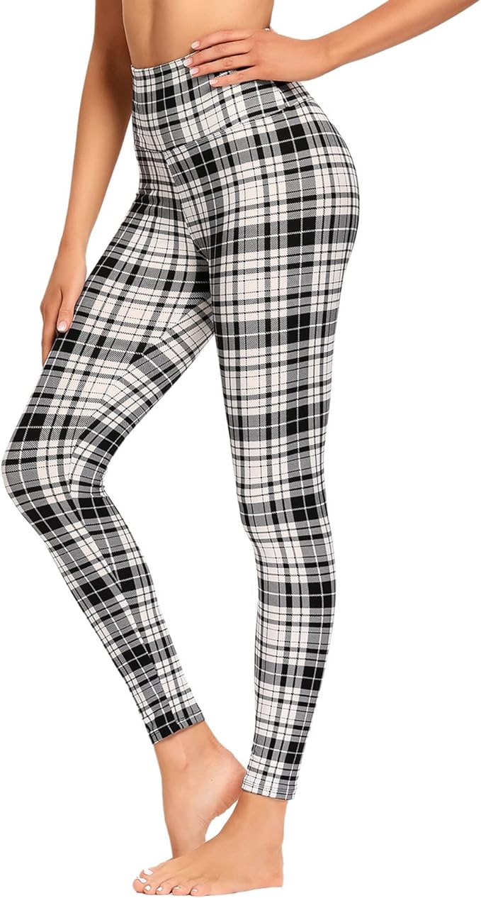 High Waisted Leggings for Women Black White Plaid